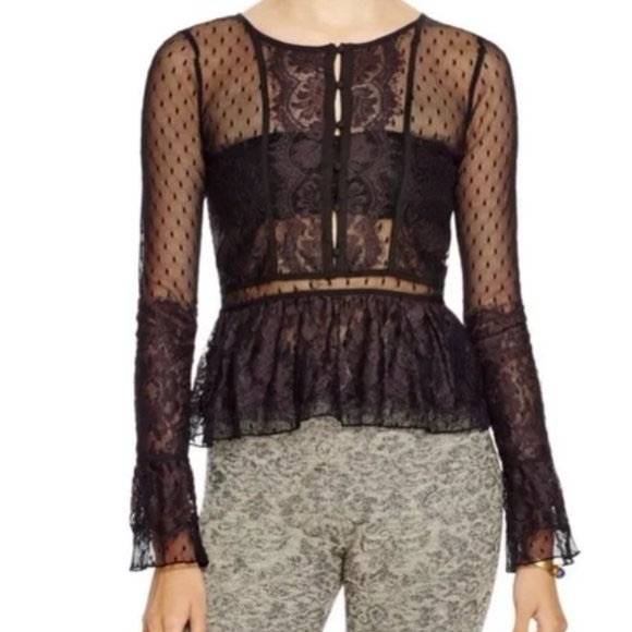Free People Penelope Peplum Lace Button Up Blouse small black‎ - Picture 1 of 8